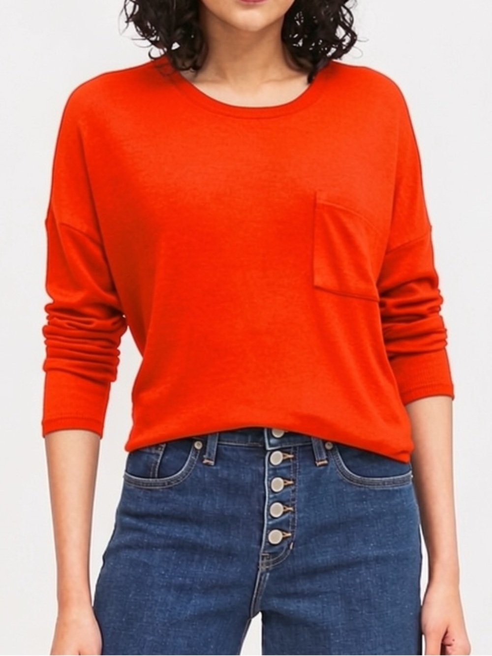 BANANA REPUBLIC Luxespun Cropped Crew Neck Long Sleeve Pocket Top Orange-Red